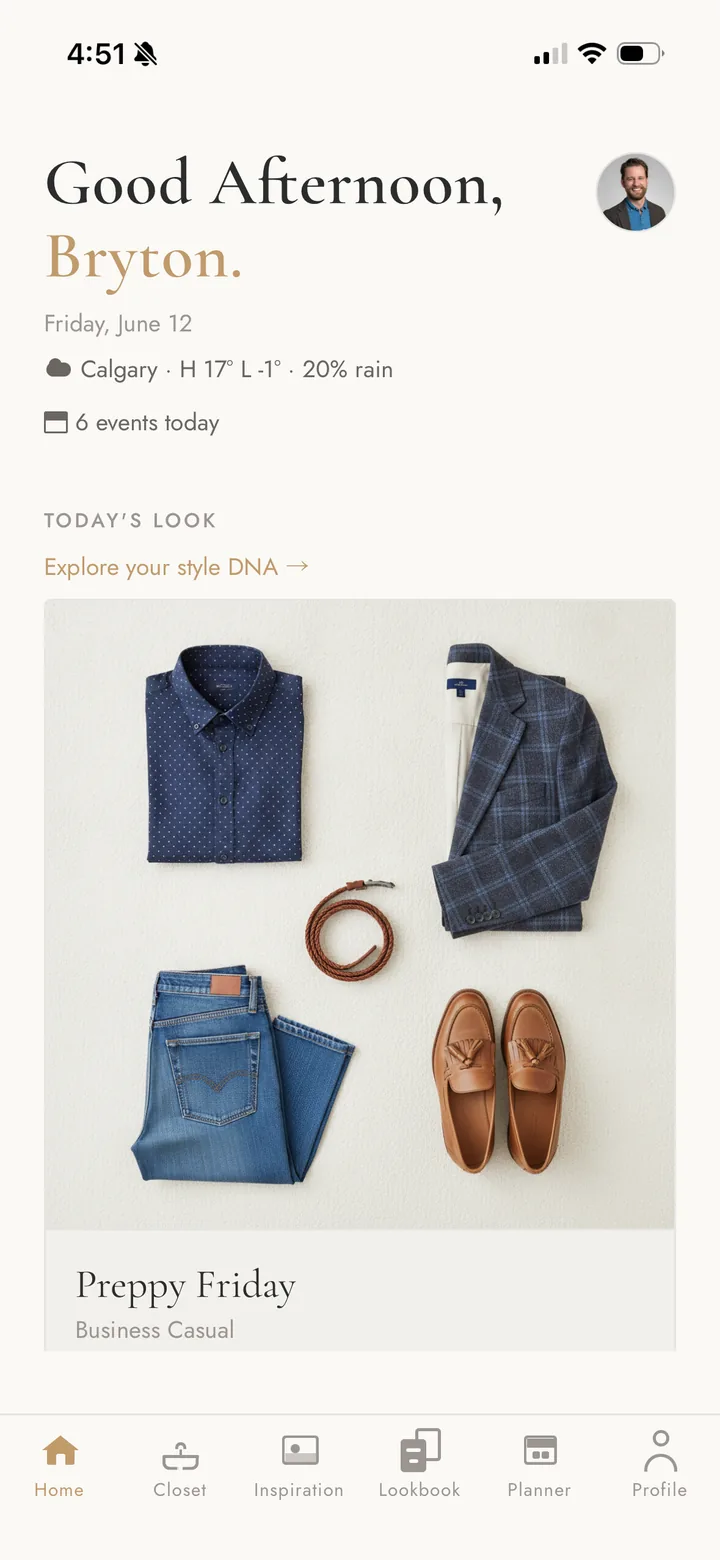 Sprez home screen showing today's outfit